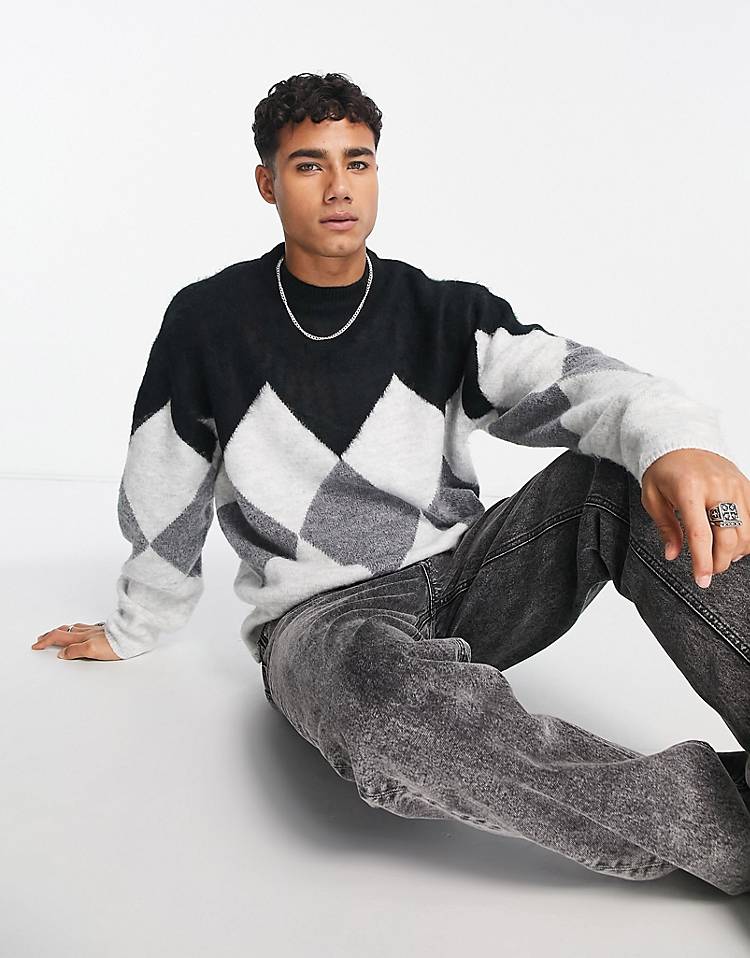 River Island argyle crew sweater in black